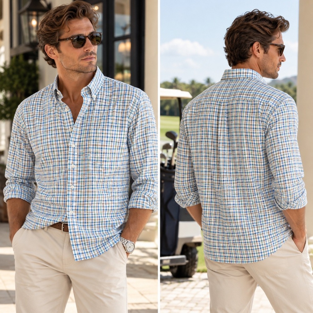 Peter Millar Nanoluxe Easy Care Check Button Down Shirt Blue Tan Mens Large